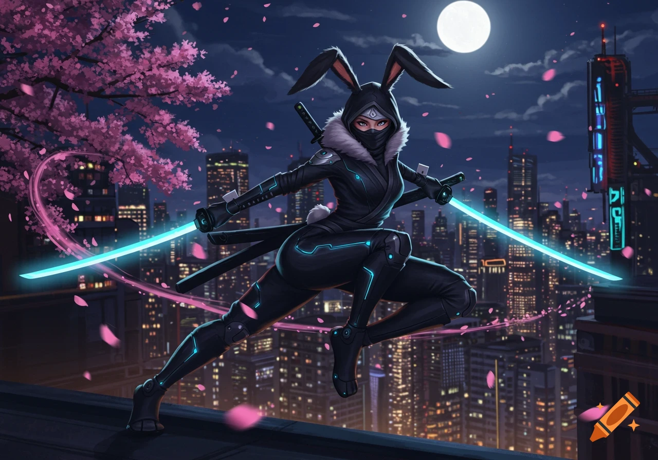 Anime bunnygirl ninja crouches on a city rooftop at night, wielding glowing blue swords amidst falling cherry blossoms.