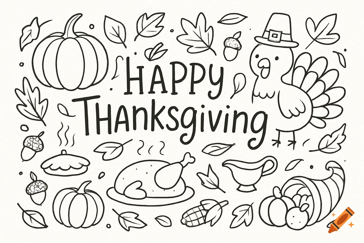 Outline drawing of Thanksgiving items including pumpkins, leaves, a turkey, roasted turkey, and "Happy Thanksgiving" text.