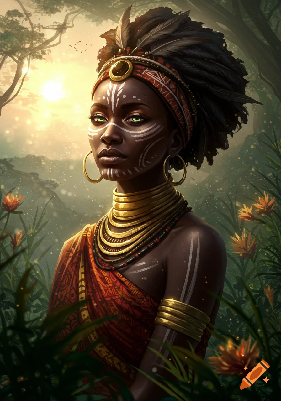 Portrait of an African woman with tribal makeup, a feather headpiece, and gold jewelry in a lush jungle setting with a glowing sun.