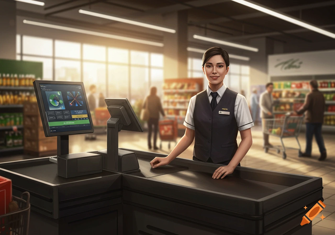 A smiling female cashier stands behind a checkout counter with screens, in a busy, brightly lit supermarket. Photorealistic style.