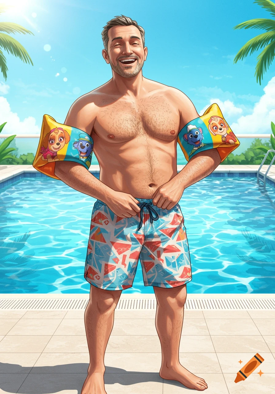 A smiling man, in a stylized illustration, stands by a sunny pool wearing Paw Patrol armbands and patterned swim shorts, ready to swim.