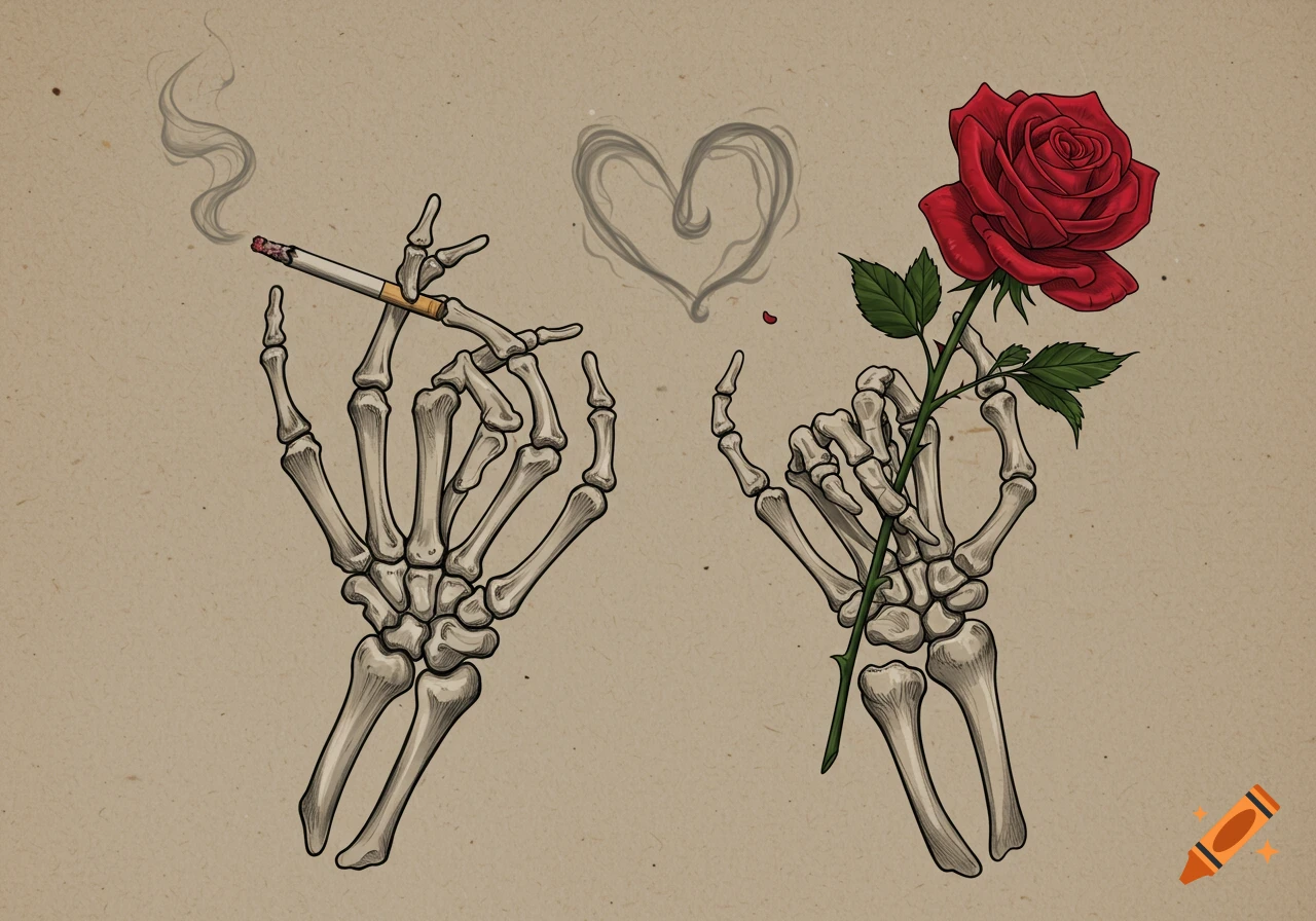 Two skeleton hands in a drawing style. One holds a lit cigarette with smoke forming a heart, the other holds a red rose.
