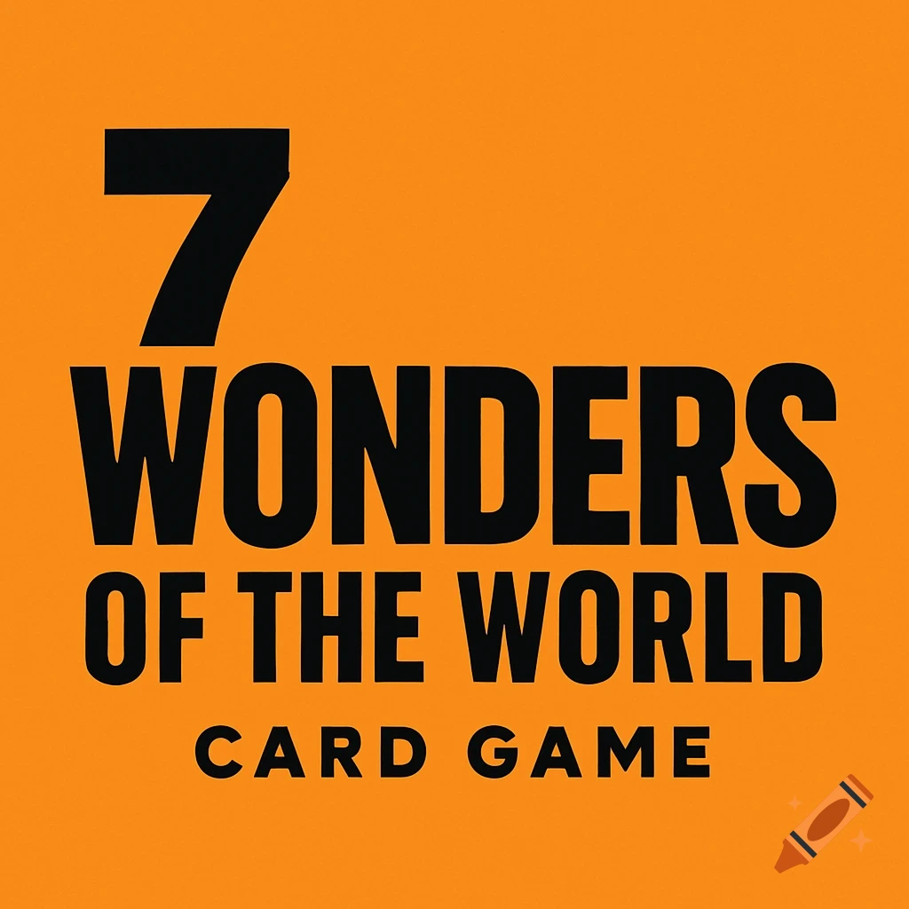 A black text logo on an orange background reads '7 WONDERS OF THE WORLD CARD GAME'.