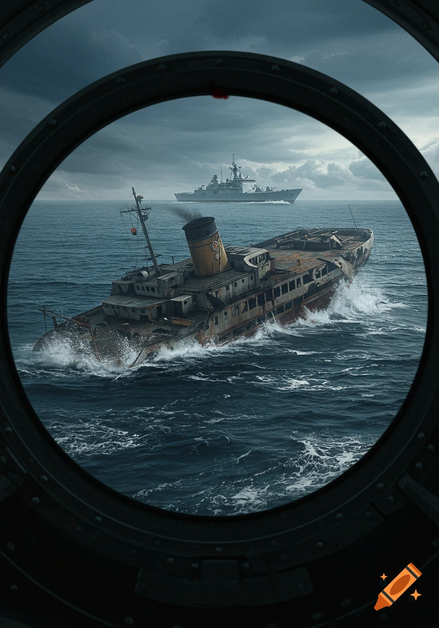 View through a periscope of a sinking, destroyed ferry in choppy waters with a military vessel in the distance under a cloudy sky.