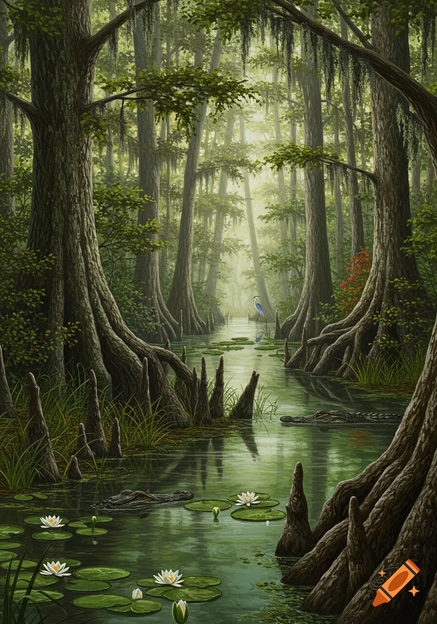 A detailed painting of a lush Florida swamp with tall trees, water lilies, alligators, and a heron in murky green water.