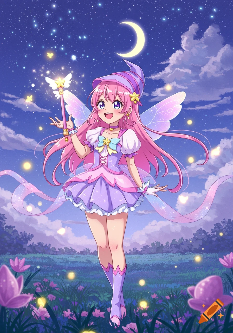 A vibrant anime magical girl with pink hair and a purple dress holds a star wand in a moonlit field with glowing flowers.