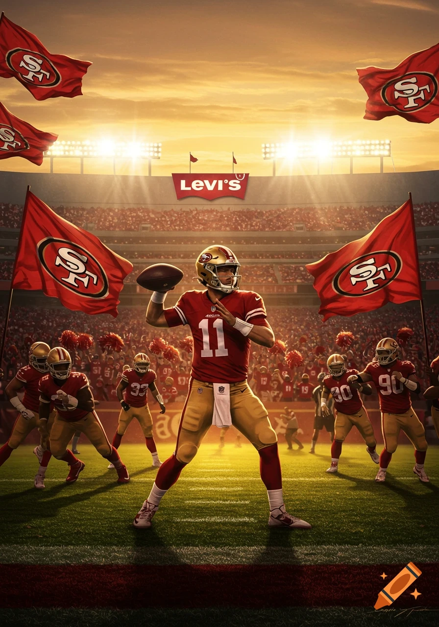 A photorealistic illustration of a football quarterback in a red and gold 49ers uniform throwing a football in a stadium filled with fans under a sunset sky, with Levi's logo.