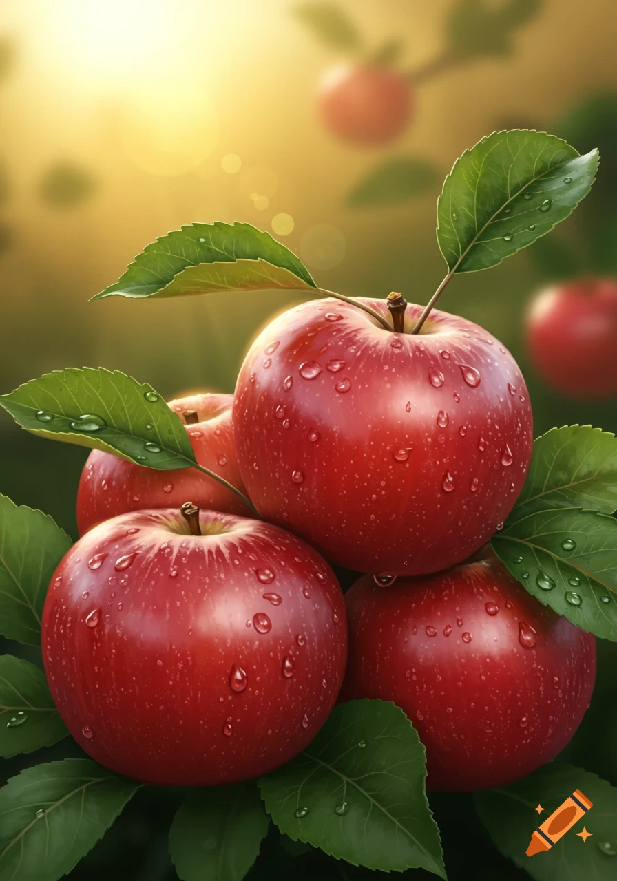 Photorealistic image of vibrant red apples with green leaves and water droplets, bathed in warm sunlight in an orchard.
