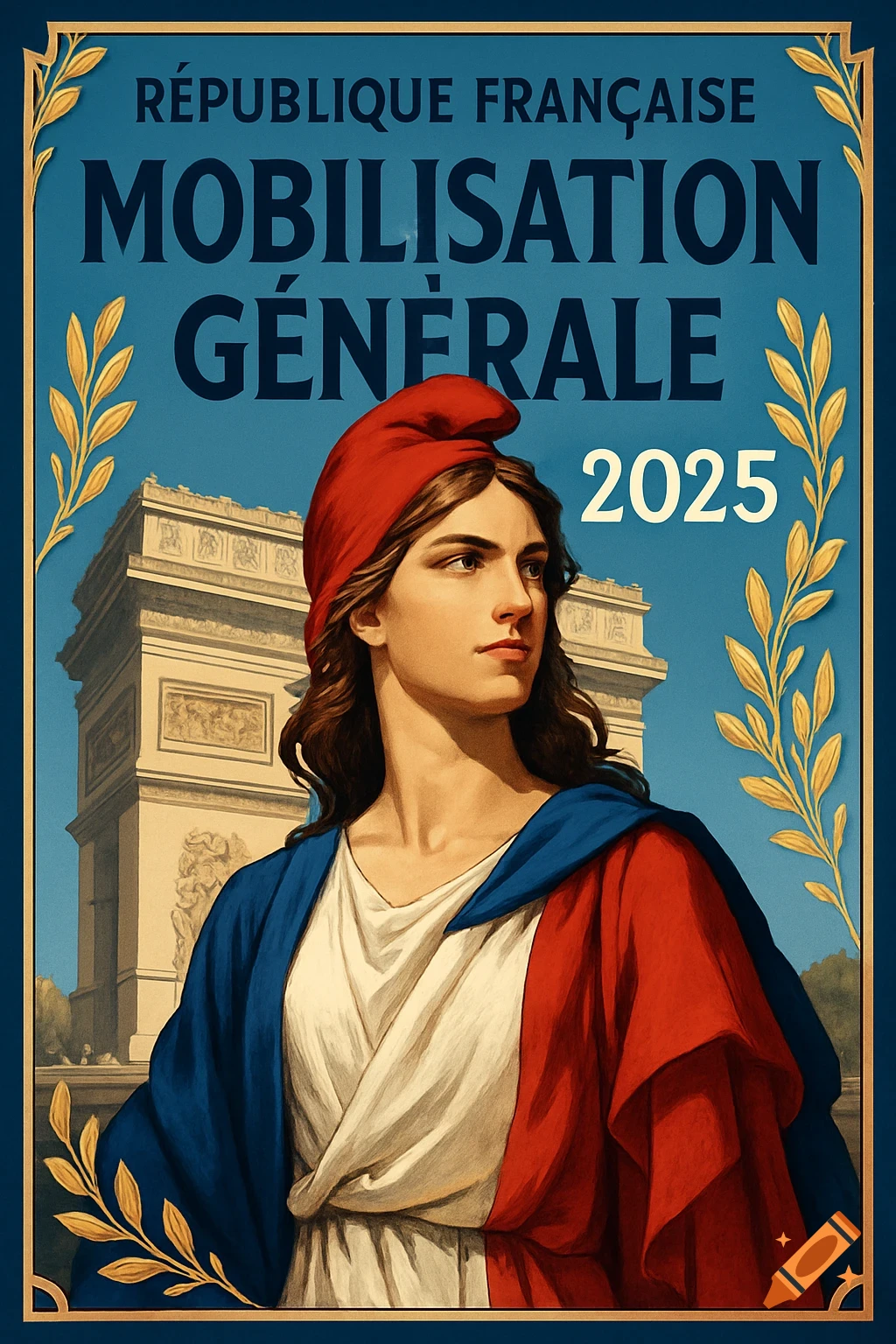 A vintage-style poster depicting a woman with a red Phrygian cap and tricolor drapery, resembling Marianne, in front of the Arc de Triomphe. Text reads "RÉPUBLIQUE FRANÇAISE MOBILISATION GÉNÉRALE 2025".