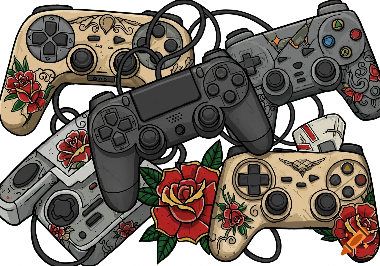 A pile of video game controllers decorated with red roses and tattoo-style designs on a white background.