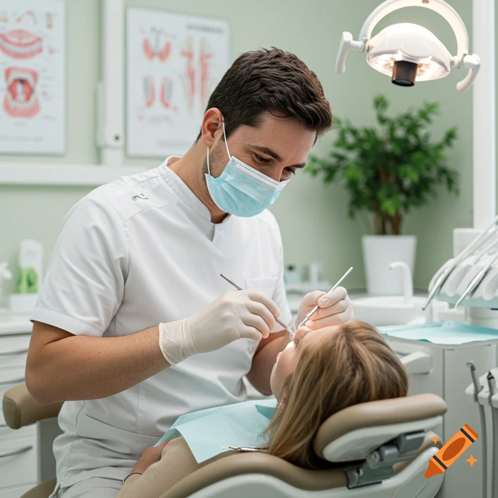 A male dentist in a mask and gloves examines a female patient's teeth in a brightly lit dental office.