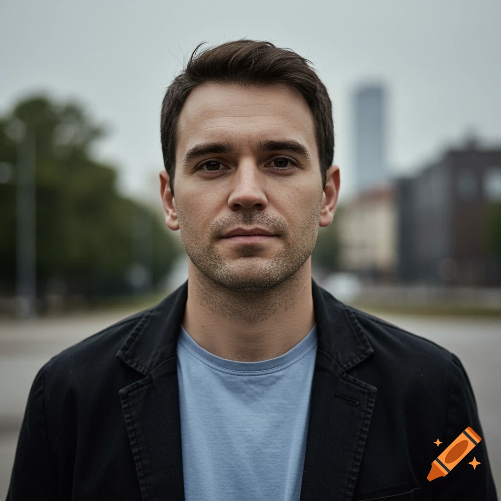 A photorealistic portrait of a serious man in a black jacket and blue t-shirt, standing in an urban setting.