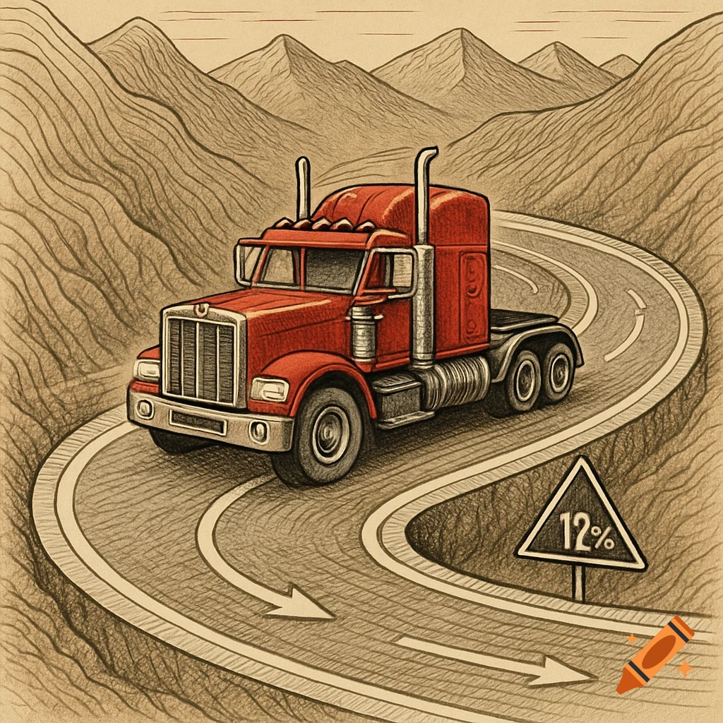 A red semi-truck drives down a winding mountain road with a '12%' slope sign, in a colored sketch style.