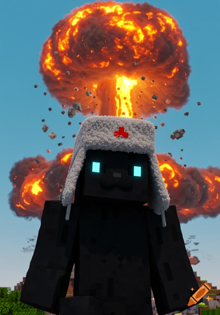 A blocky black Minecraft character with glowing blue eyes and a fuzzy white Russian hat with a red cross, stands in front of a giant mushroom cloud from a nuclear explosion with debris flying. The sky is bright blue and a blocky landscape is visible in the background.