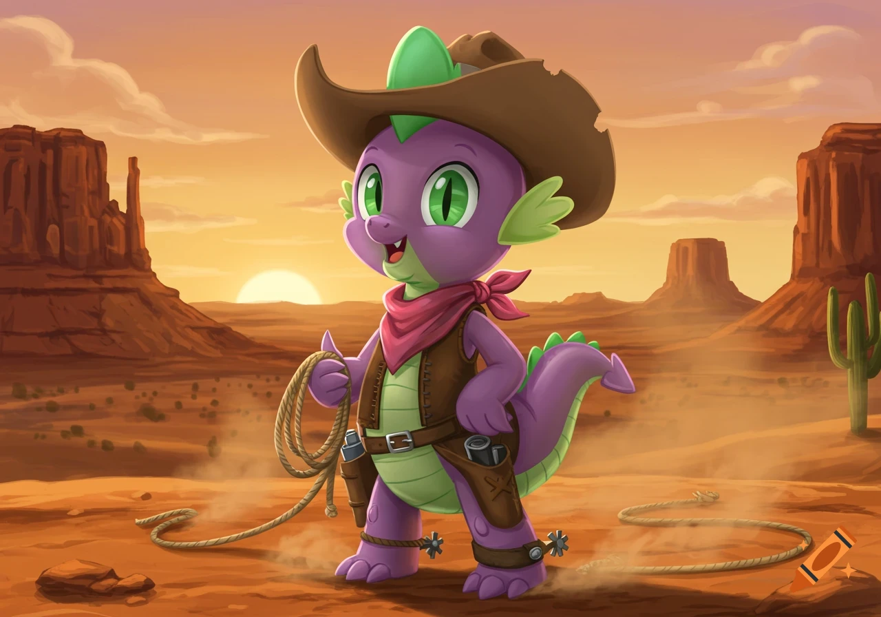 Spike the Dragon as a cowboy, holding a lasso in a desert landscape with mesas and a sunset, in a cartoon style.