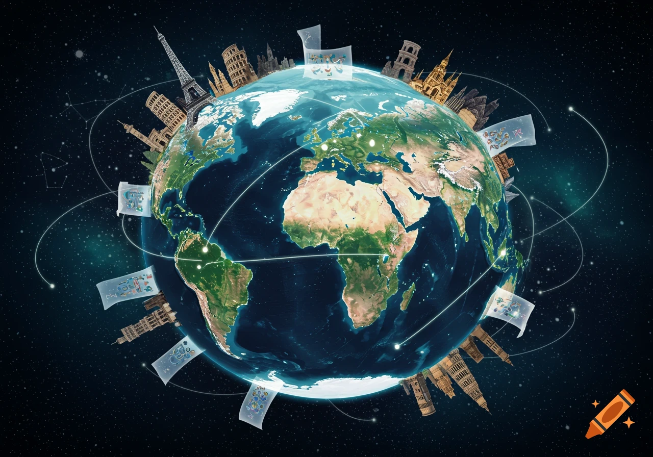 Photorealistic Earth globe surrounded by famous world landmarks like the Eiffel Tower and Colosseum, with glowing lines connecting points across the planet.