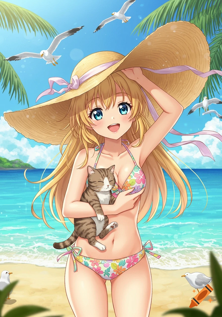 Anime girl in a bikini and sunhat holding a cat on a sunny beach with seagulls and palm trees.