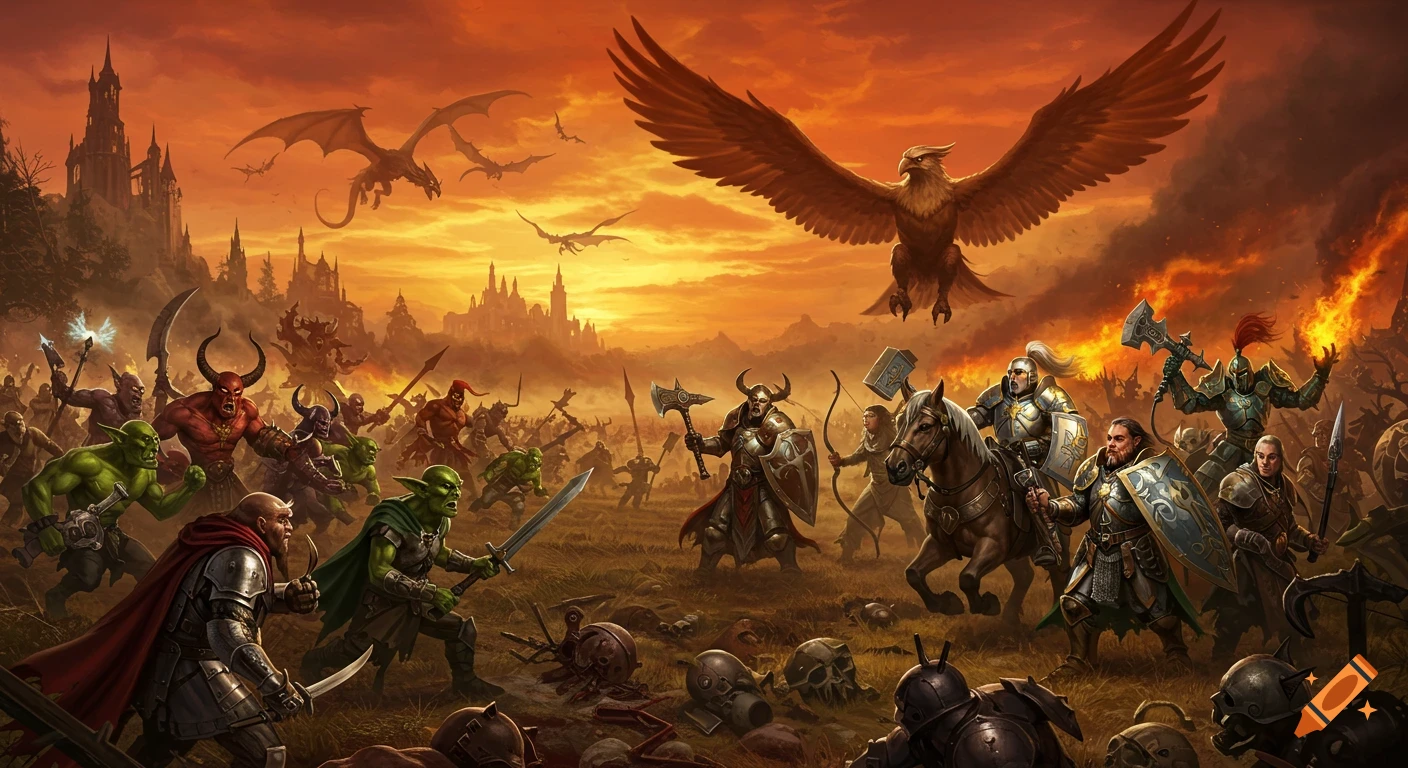 Epic fantasy battle at sunset, with human-like warriors, a griffin, and a castle background, clashing with dragons, orcs, goblins, and demons.