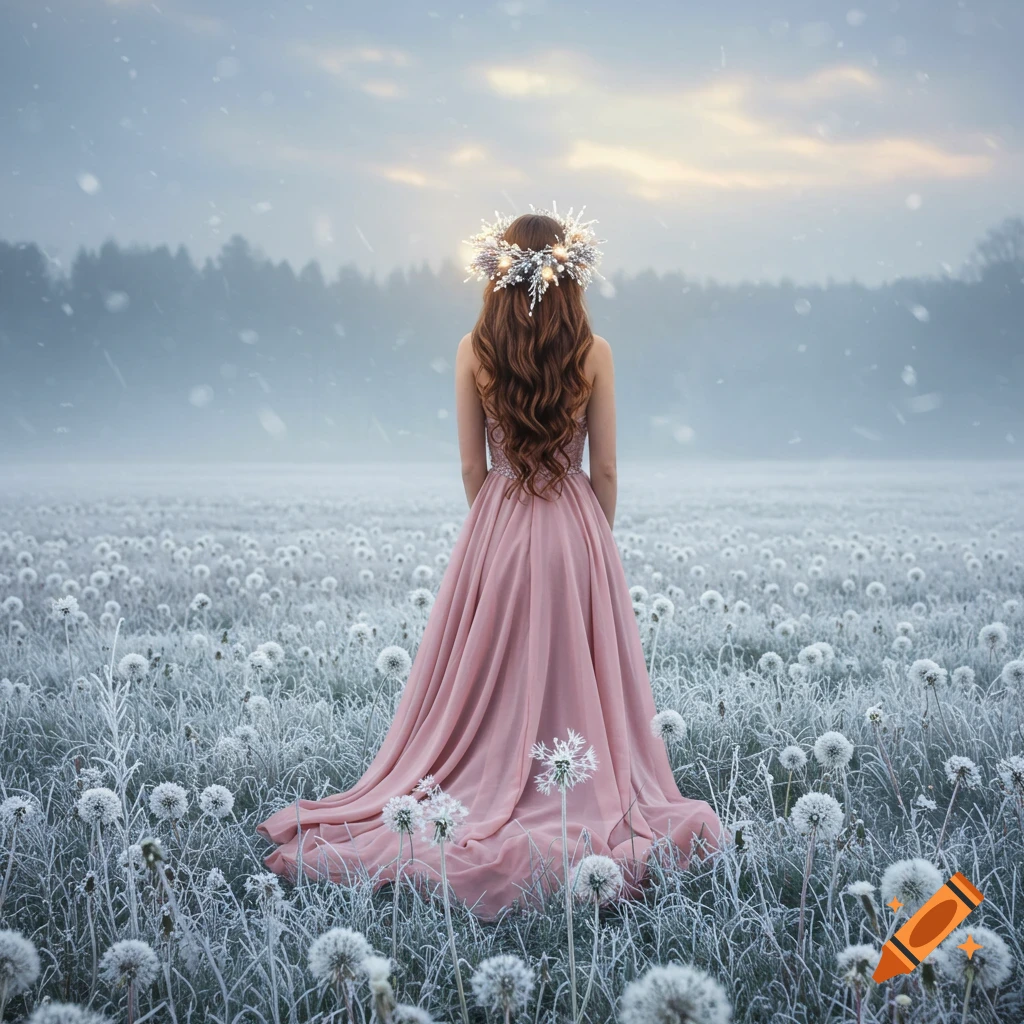 A woman in a long pink dress and a glowing crown stands in a field of ...