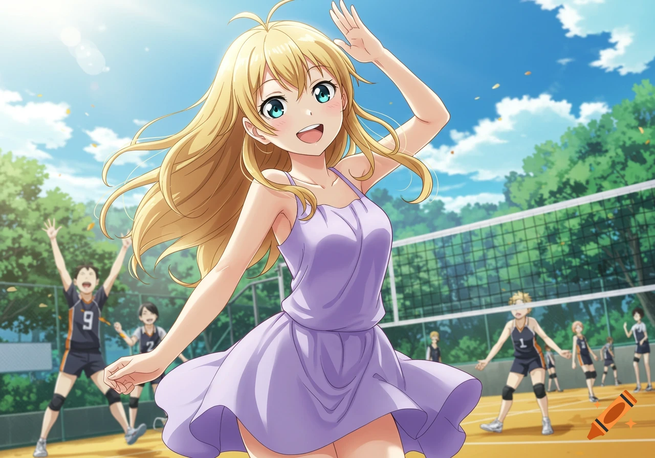 An anime girl with blonde hair and blue eyes in a lilac dress smiles and waves on a sunlit volleyball court with other players in the background.