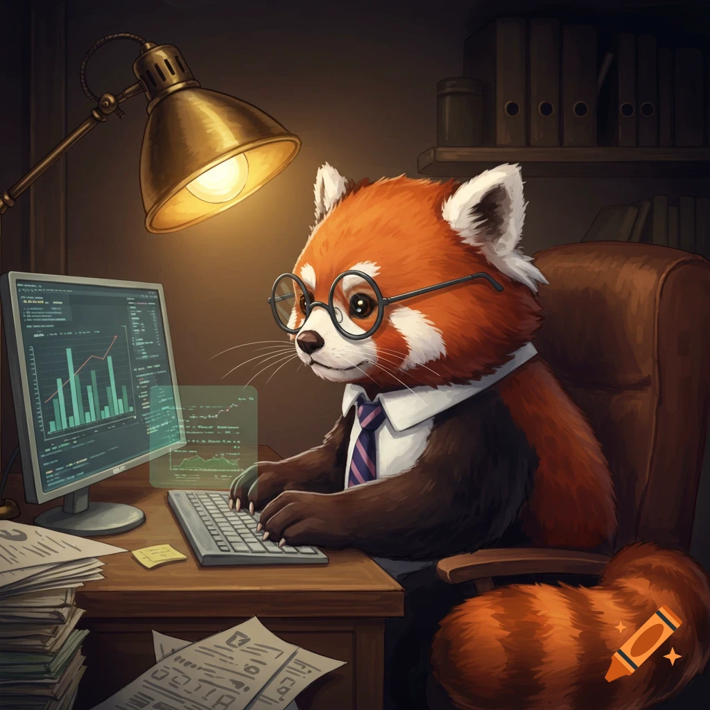 A cute red panda wearing glasses and a tie, typing at a computer desk with charts on screen, illuminated by a desk lamp.