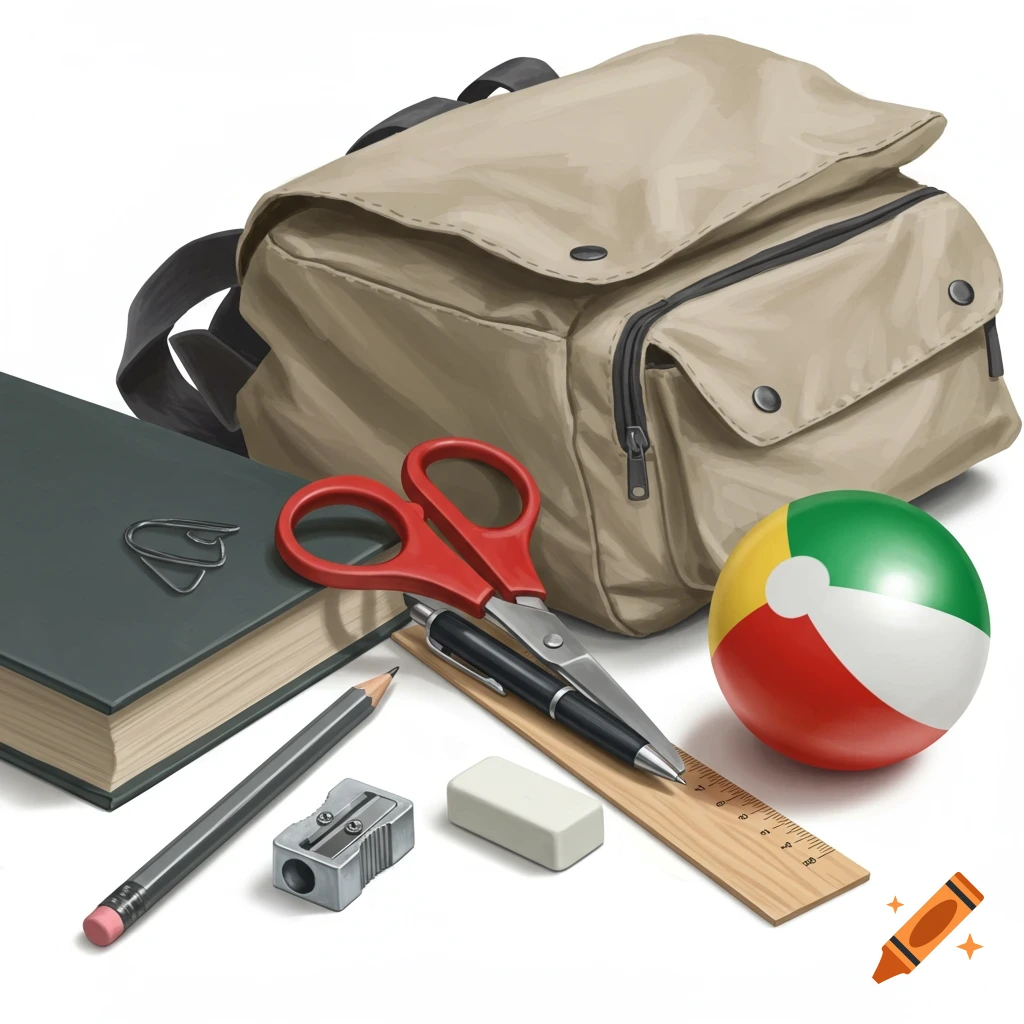 A beige school bag, green book, red scissors, pen, pencil, sharpener, eraser, wooden ruler, and a colorful beach ball are arranged on a white background.