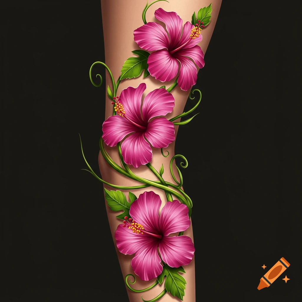 A vibrant, stylized tattoo of three pink hibiscus flowers with green vines trailing down a leg against a dark background.