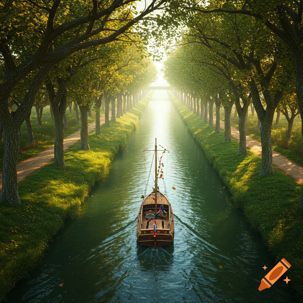 A boat glides down a narrow canal lined with tall green trees, sunlight beaming from the distance.
