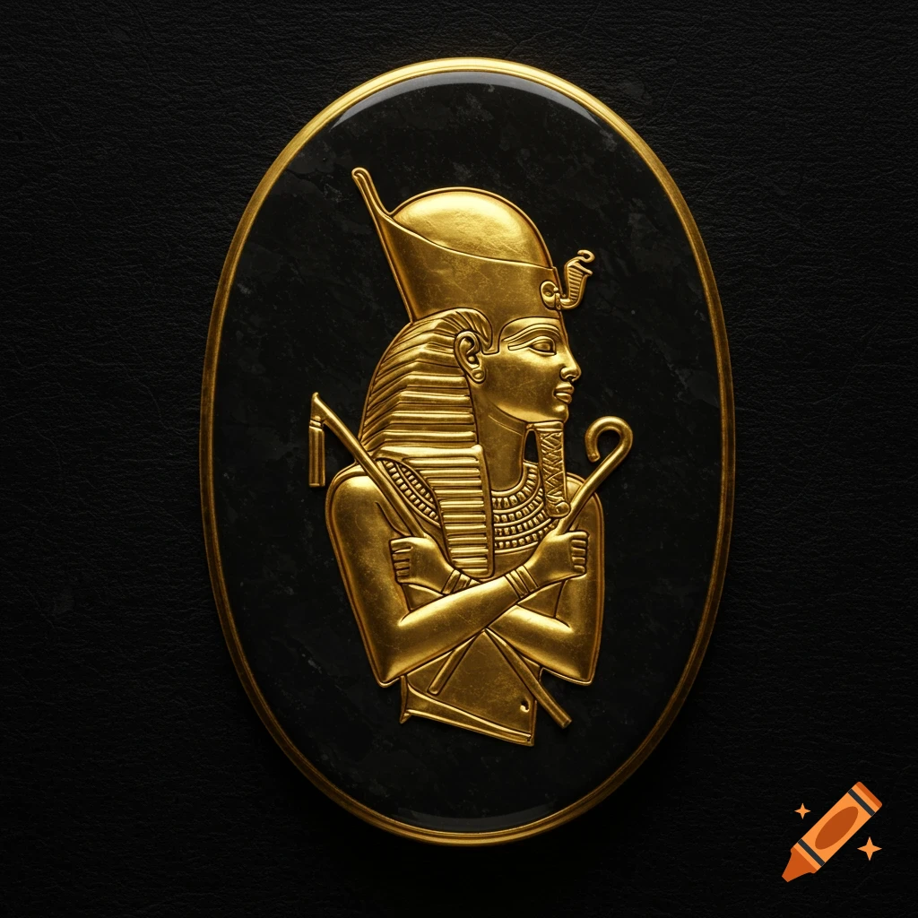Golden embossed profile of an ancient Egyptian pharaoh holding a crook and flail, on a black oval plaque.