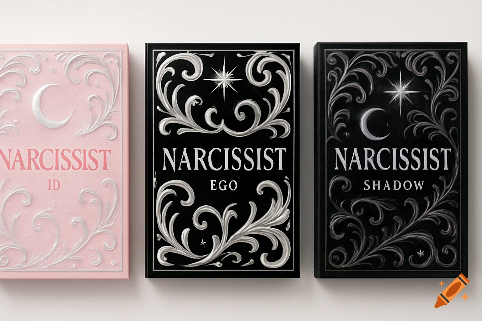 Three elegant pink and black album covers with silver ornate designs, moons, stars, and titles 'NARCISSIST ID', 'NARCISSIST EGO', 'NARCISSIST SHADOW'.