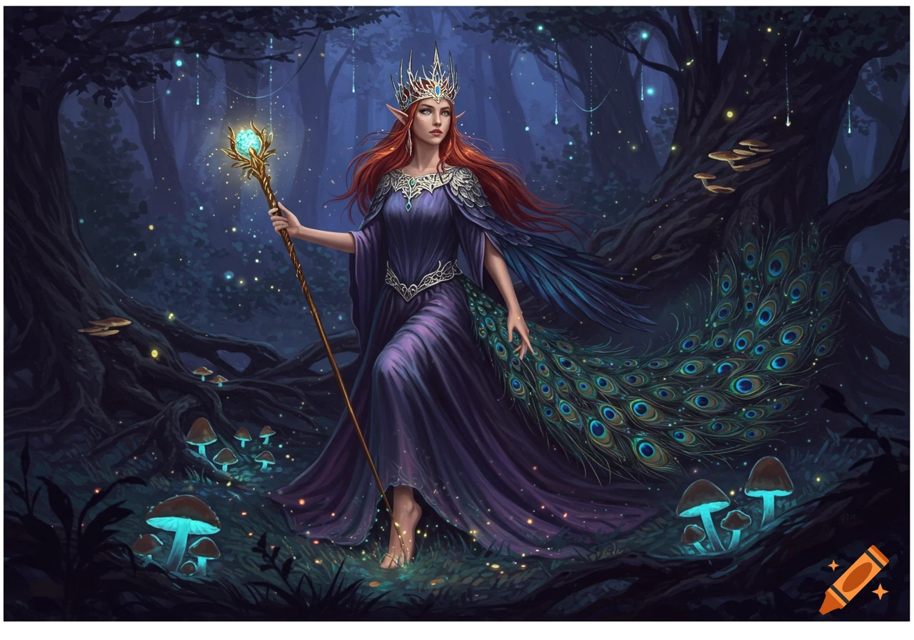 An elven woman with long red hair and a silver crown walks through a mystical dark forest with glowing blue mushrooms, holding a golden staff. A peacock-feathered train flows behind her purple dress.