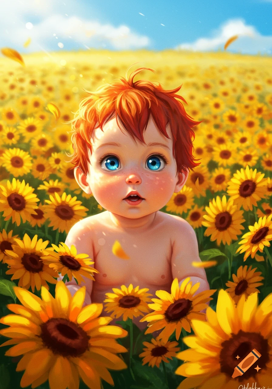 A cute, red-haired baby with wide blue eyes sits in a field of bright yellow sunflowers under a sunny blue sky, in a stylized digital art style.