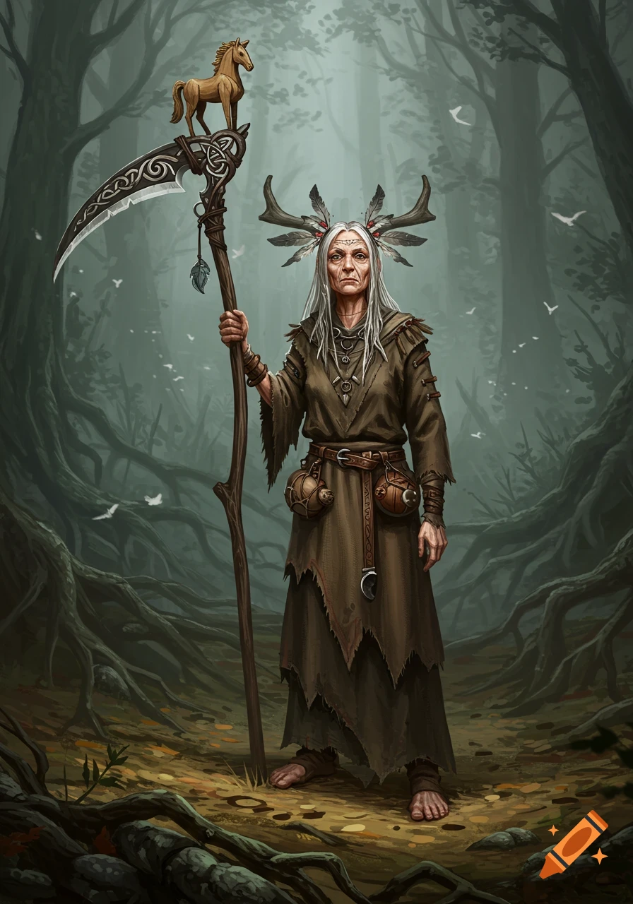 An aged shamaness in tattered robes holds a tall scythe with a wooden horse on top, standing in a dark, misty forest. Digital painting.