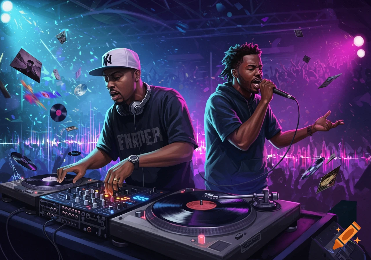 An illustrated image of a DJ wearing a white cap and headphones, mixing music on turntables next to a rapper singing into a microphone on a vibrant stage with a crowd in the background.