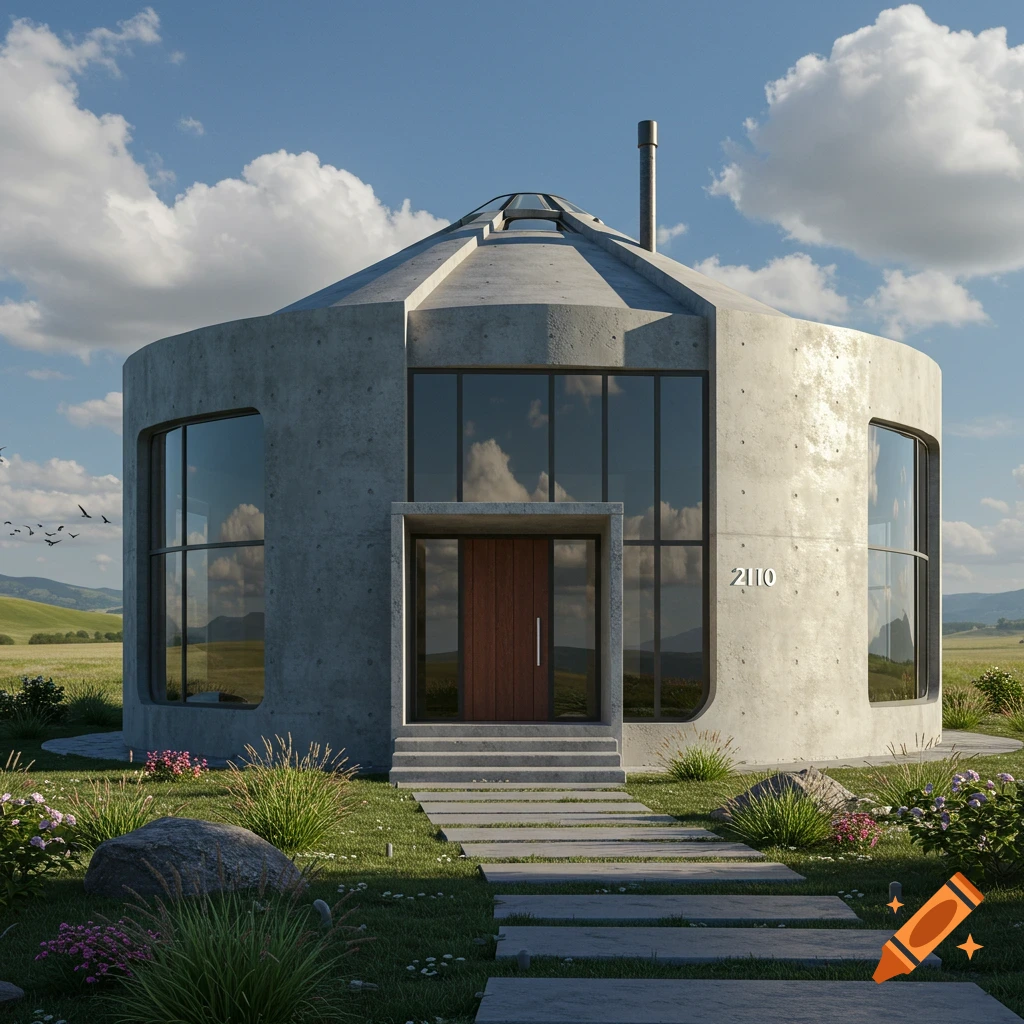 Photorealistic view of a modern concrete yurt house with large windows and a wooden door, situated in a grassy field under a cloudy blue sky.
