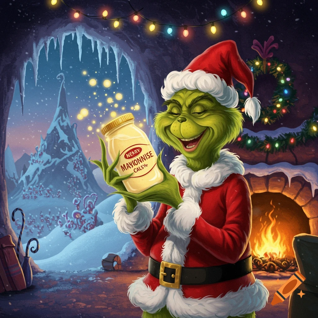 The Grinch in a Santa suit happily holds a mayonnaise jar in a festive, snowy cave with a fireplace.