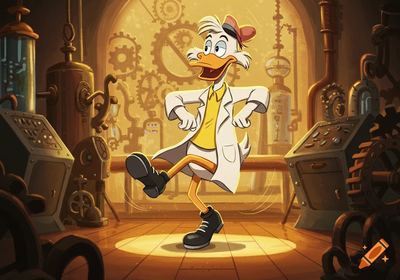 Gyro Gearloose from Ducktales 2017 tap dancing with black tap shoes on his feet in a steampunk laboratory.