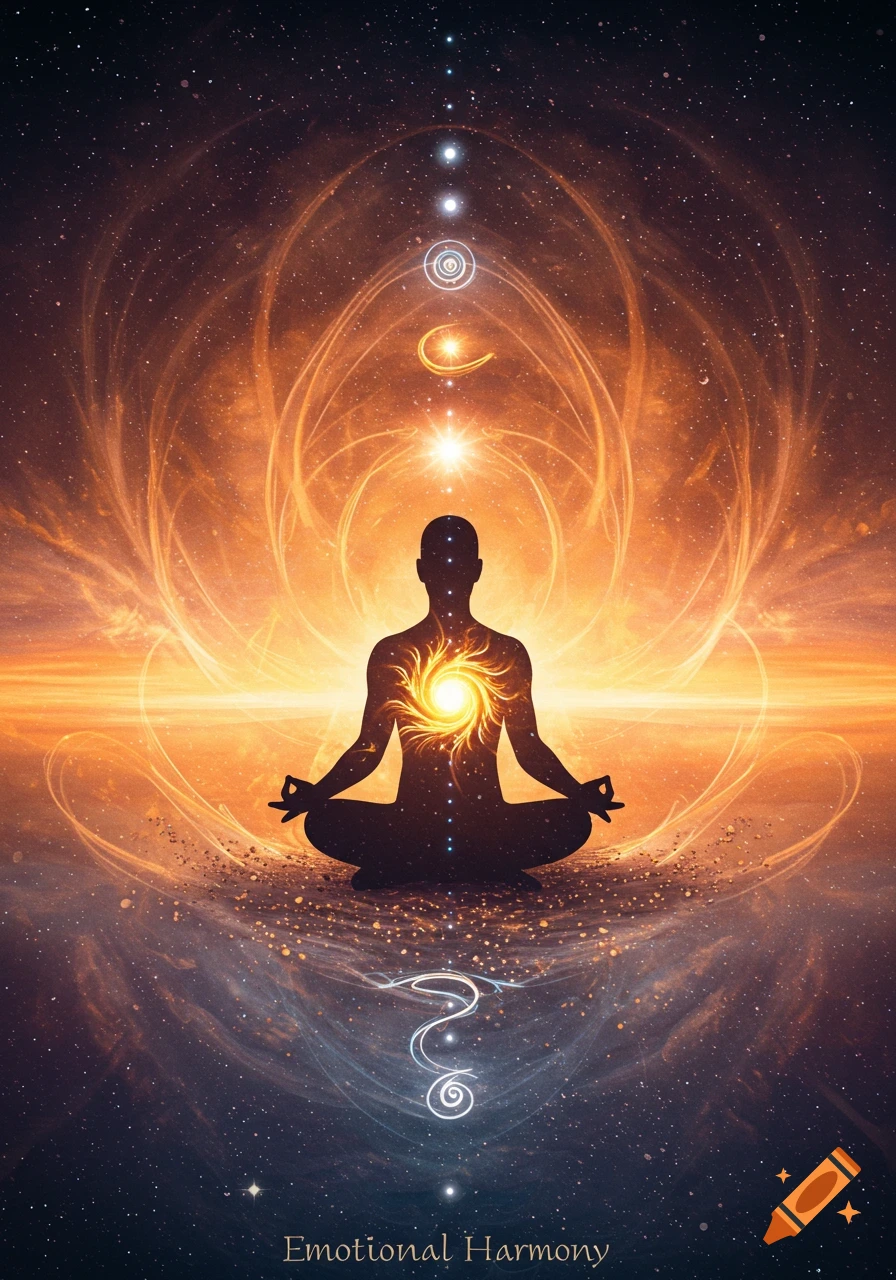 Silhouette meditating in lotus position, radiating golden energy against a cosmic orange and starry background, with 'Emotional Harmony' text.