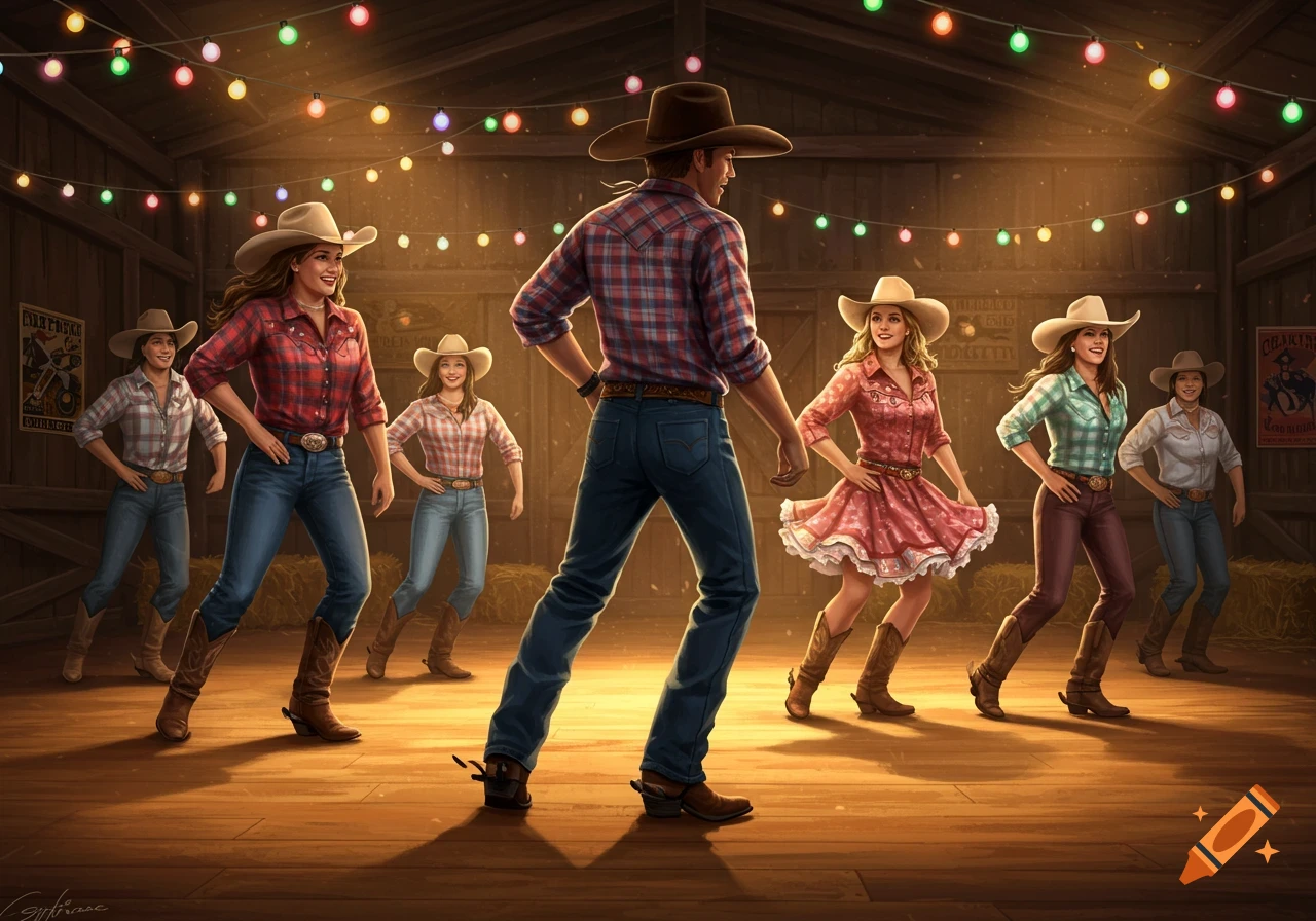 Cowboy-hat-wearing men and women line dancing in a rustic barn adorned with string lights.