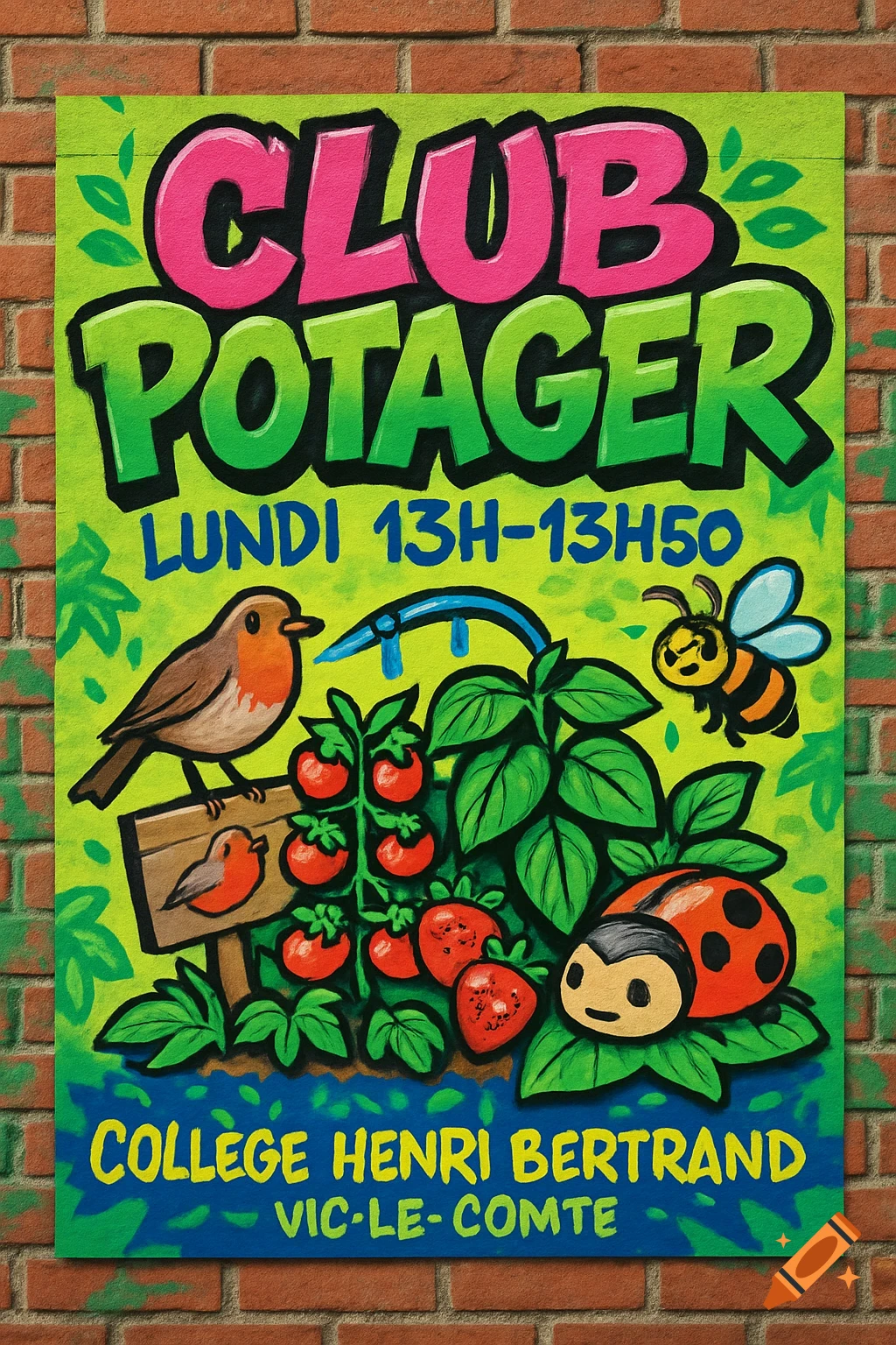 Colorful graffiti-style poster for a gardening club, featuring cartoon vegetables, a robin, a bee, and a ladybug on a brick wall.