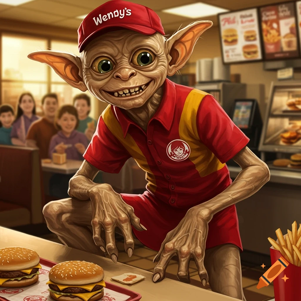 A creature resembling Gollum from Lord of the Rings, wearing a Wendy's uniform and cap, crouches at a fast-food counter with burgers and fries.