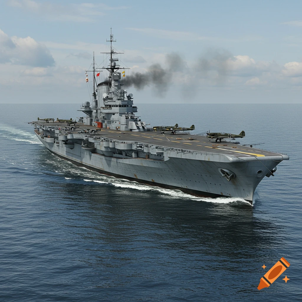 A large grey aircraft carrier steams through blue ocean waters under a partly cloudy sky, with several small airplanes visible on its deck.