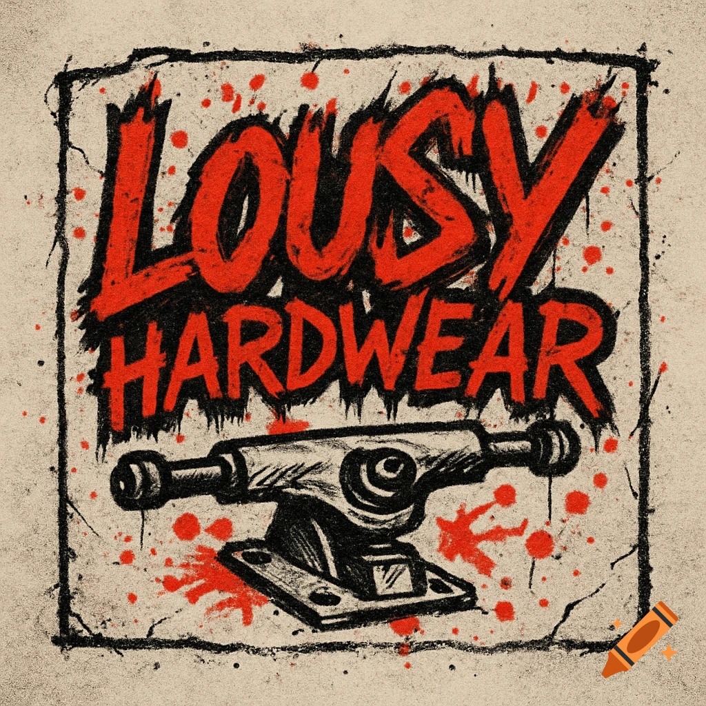 A punk street art style logo for Lousy Hardwear featuring a skateboard truck and red splatters on a textured background.