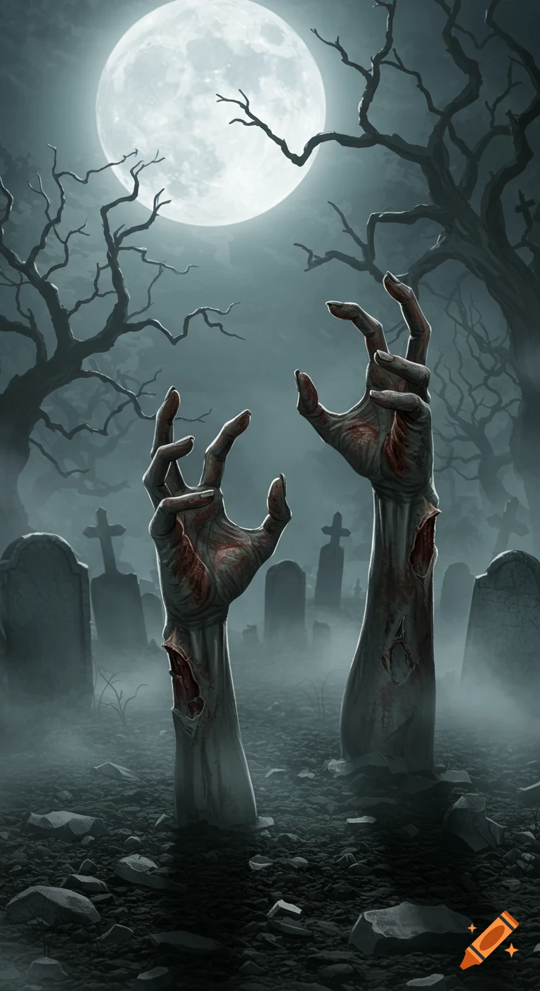Stylized illustration of two zombie hands emerging from the ground in a misty graveyard under a full moon, with gravestones and bare trees.