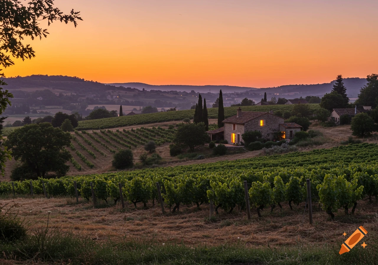 A stone house with lit windows nestled in a vineyard on rolling hills at sunset, photorealistic.
