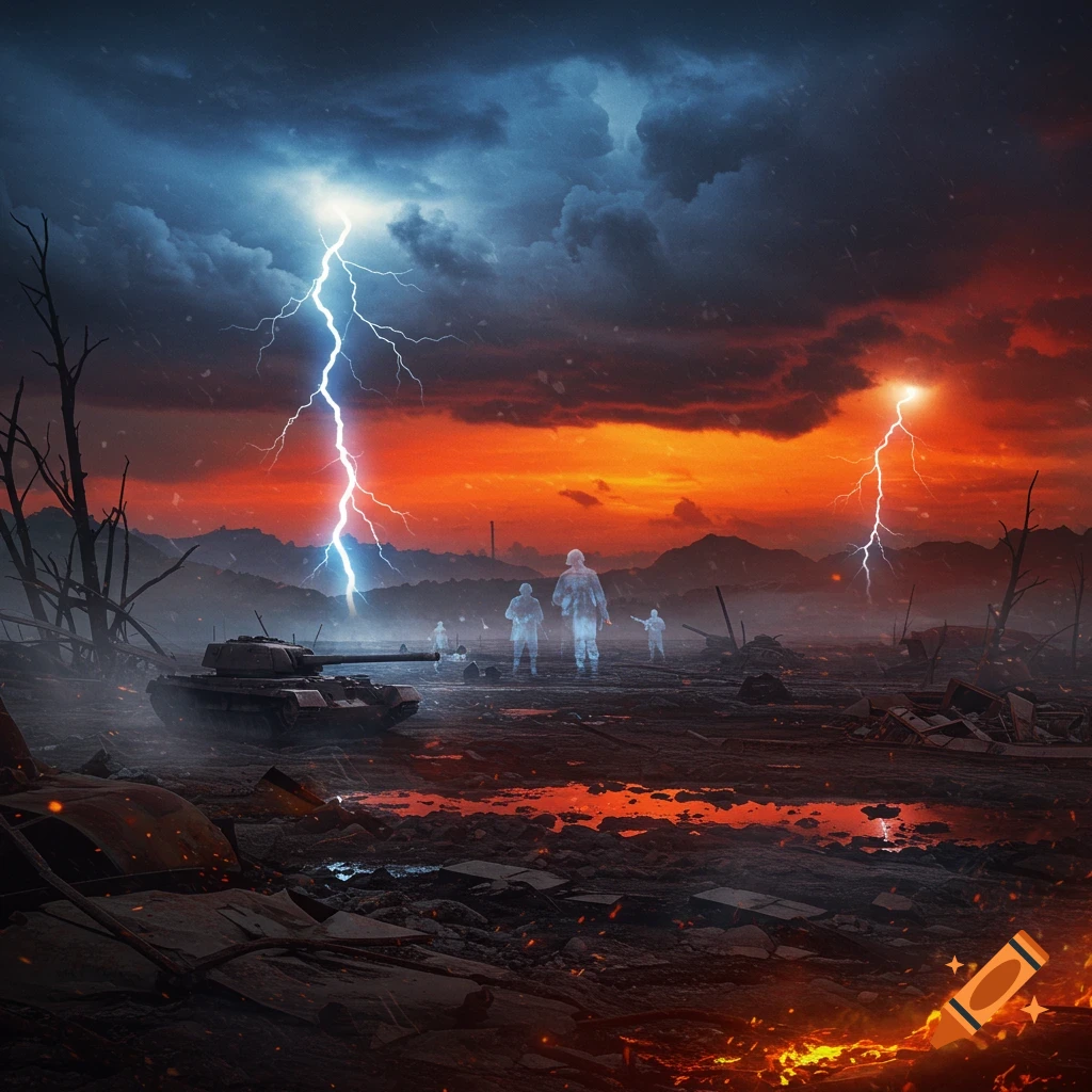 War-torn landscape with a tank, ghostly soldiers, and lightning under a fiery red and dark blue sky.