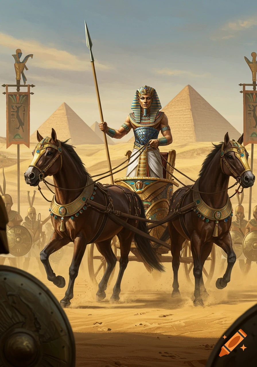 A pharaoh in an ornate golden chariot pulled by two horses, with an army and pyramids in a desert background, in an epic fantasy art style.