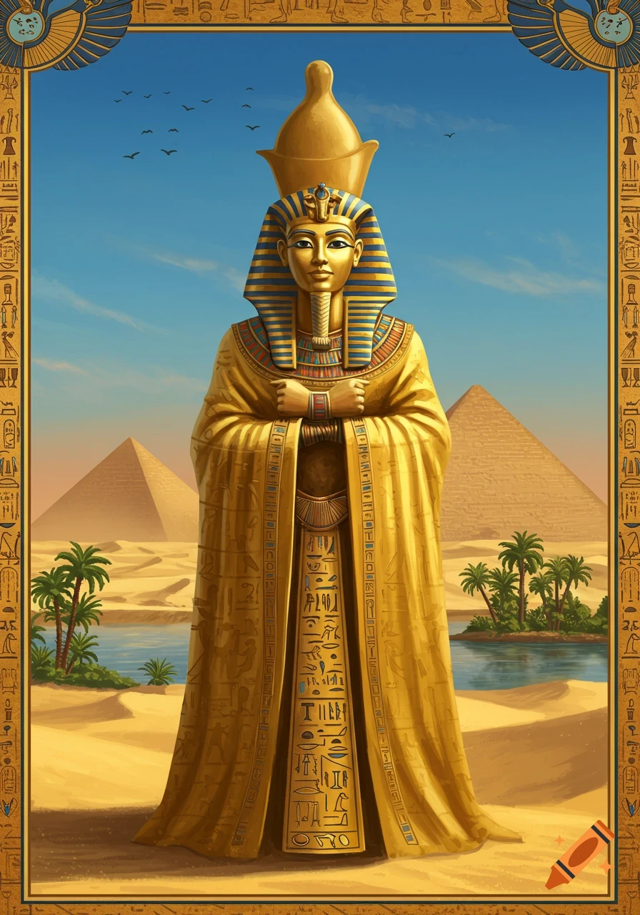 A golden pharaoh statue stands in a desert landscape with pyramids, palm trees, and a river, framed by Egyptian hieroglyphs.