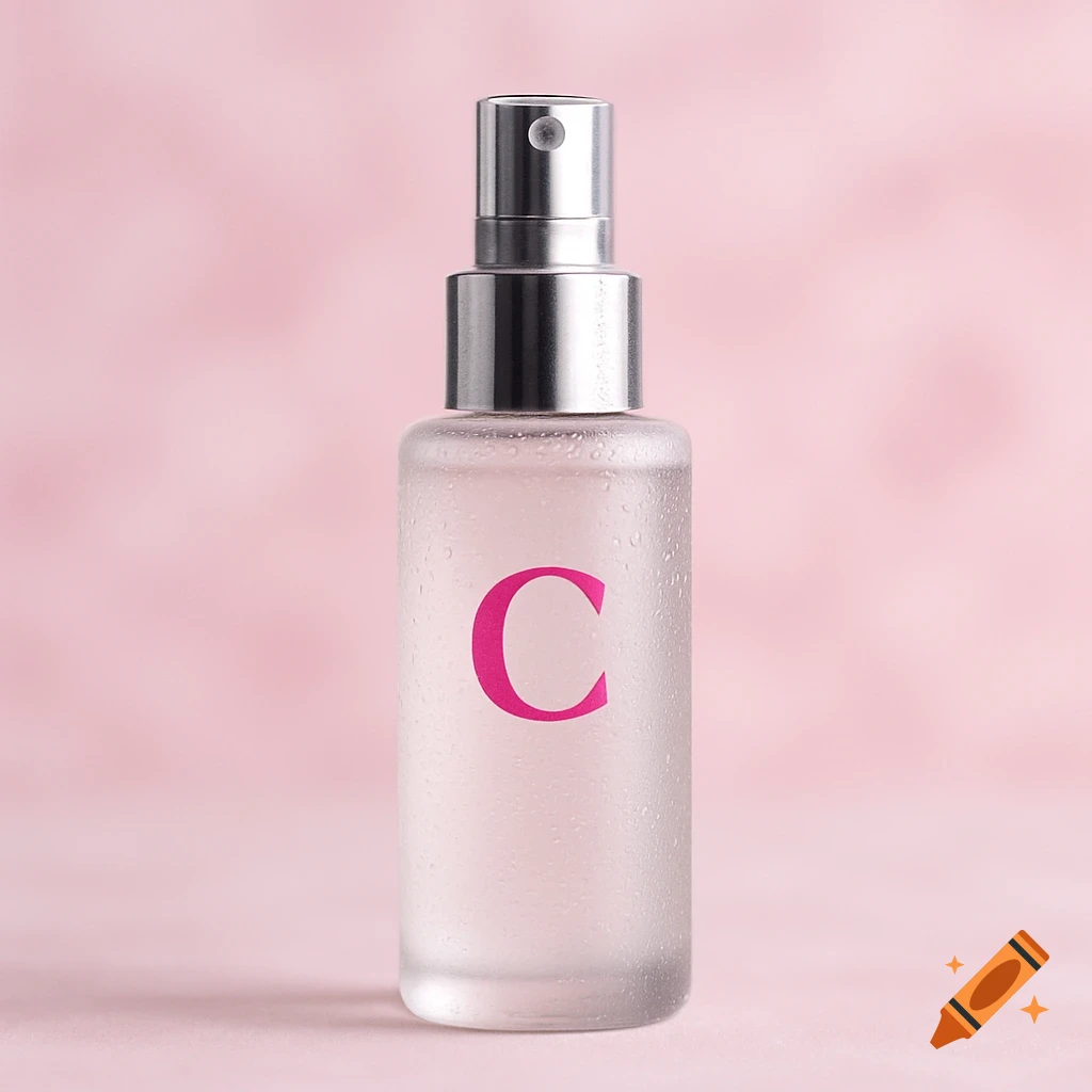 A clear facial mist spray bottle with a pink 'C' logo and condensation, against a soft pink background.