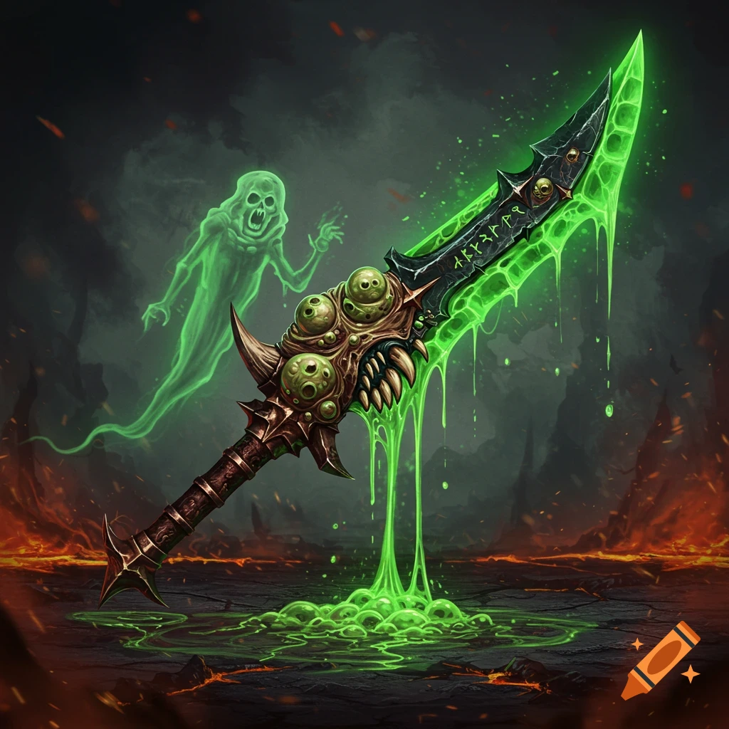 A grotesque, slime-covered demonic sword stands in a fiery landscape, with an eerie green ghost floating behind it in a dark, fantasy art style.